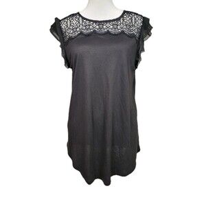 Lace Yoke Flutter Sleeve Blouse Top Womens Medium Black Dark Romantic Dainty